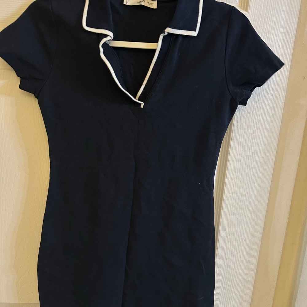 Navy Blue Collared Dress with White Trim